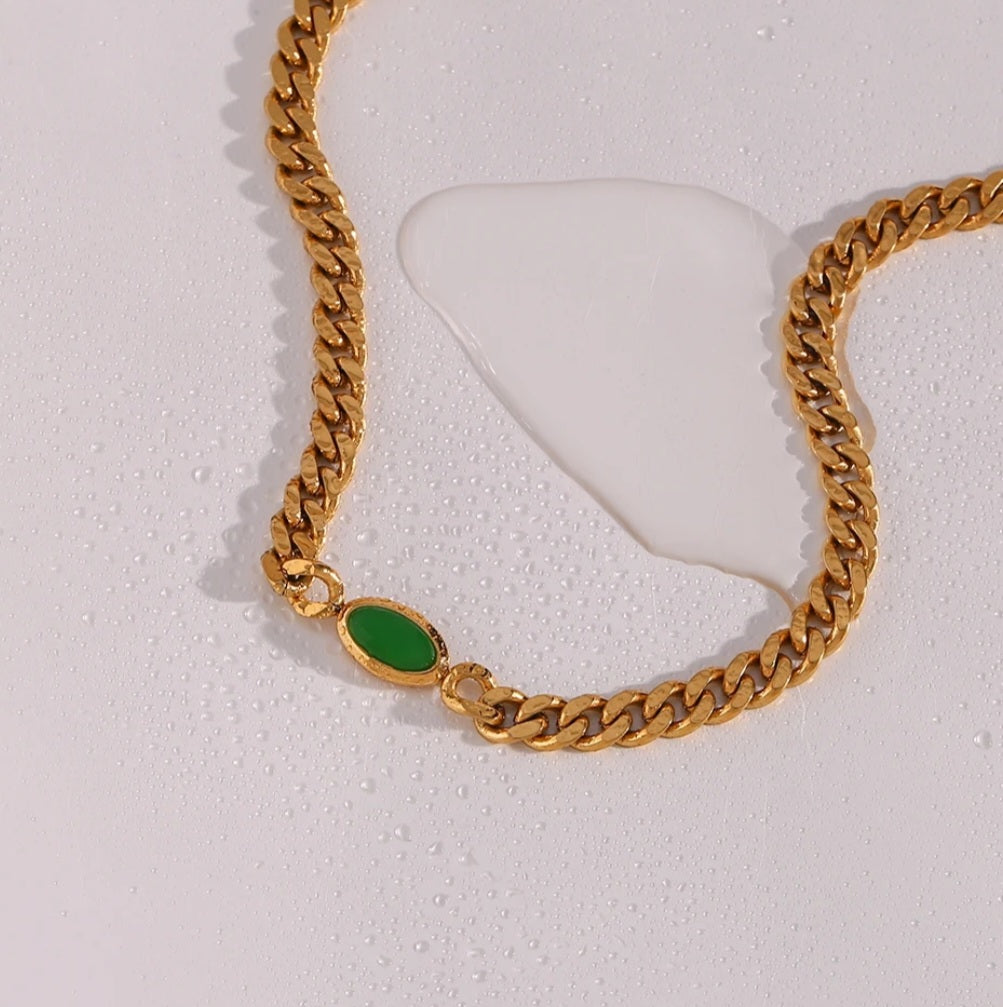 Oval Natural Green Stone Pendant Gold Choker/Necklace