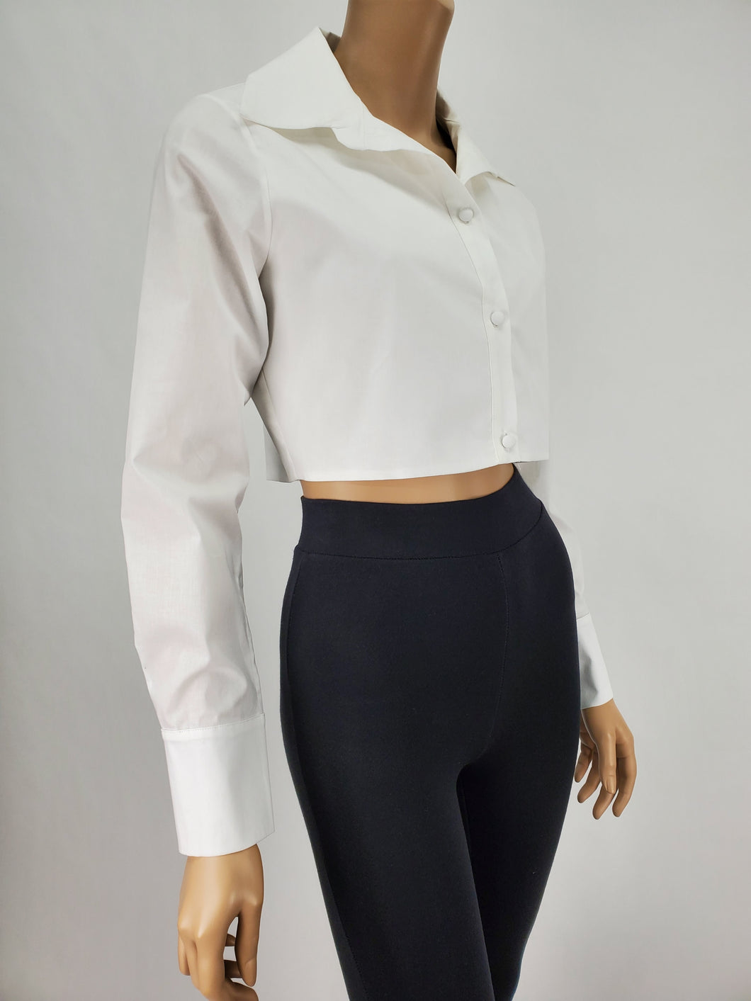 Long Sleeve Button Down Crop Top (White)