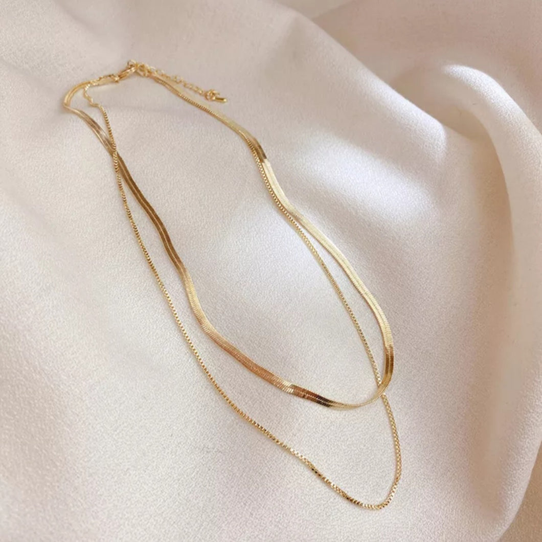 18K Gold Pleated Double Layer Snake Chain Necklace