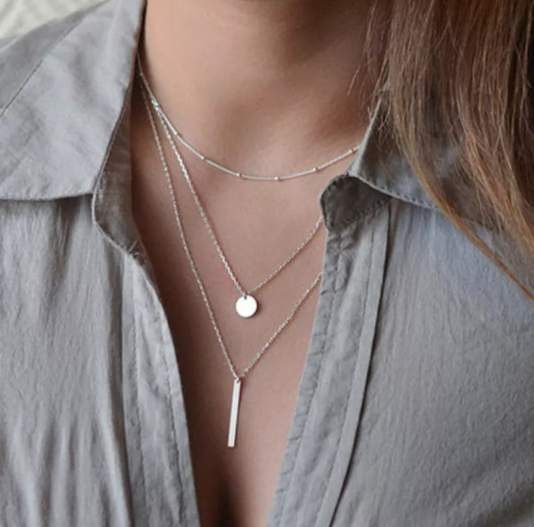 3 Layer Silver Necklace with Rectangle/Round Pendant and Bead Necklace