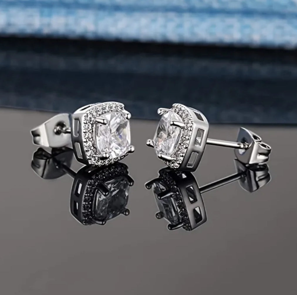 2 Carat Square Cubic Zircon Stud Earrings With Accents