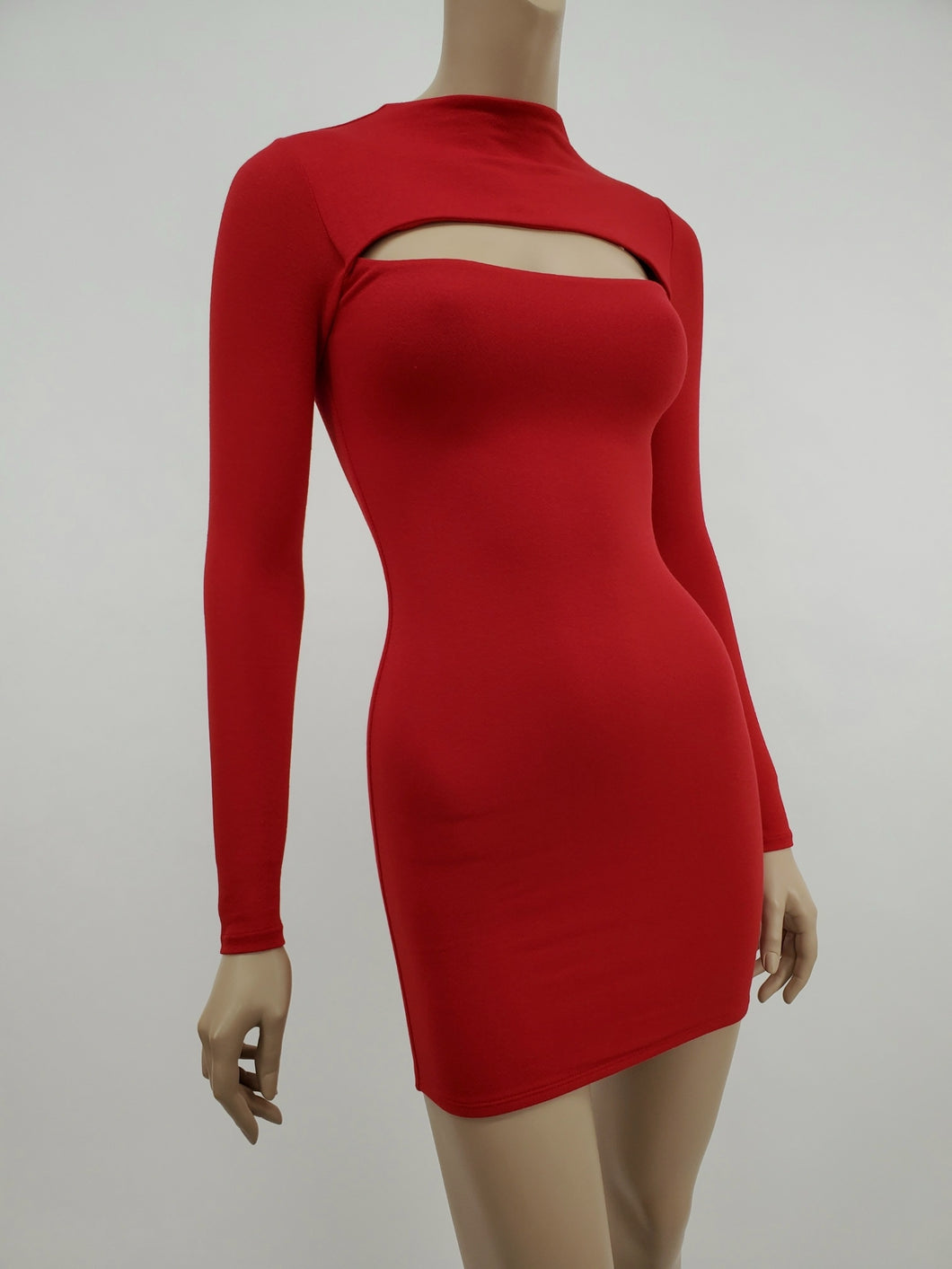 Long Sleeve Mock Neck Front Cut-Out Mini Dress (Red)