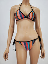 Load image into Gallery viewer, Black Binding Multicolor Stripe Halter Bikini Swimsuit (Multicolor)

