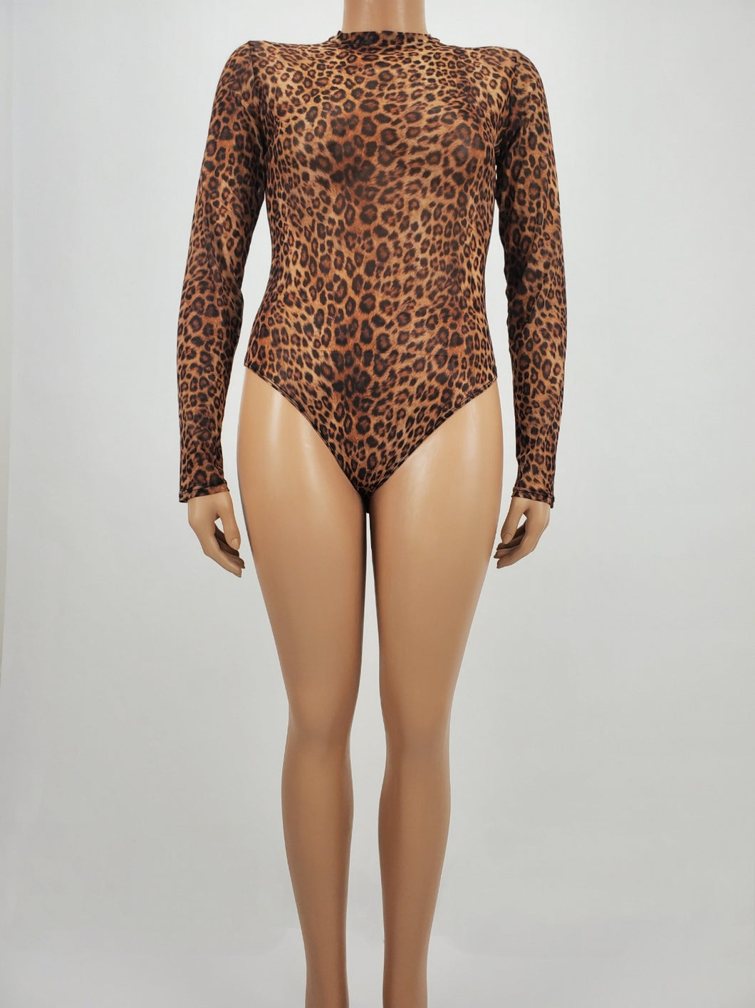 Cheetah Print Mesh Long Sleeve Bodysuit Plus Size (Brown)