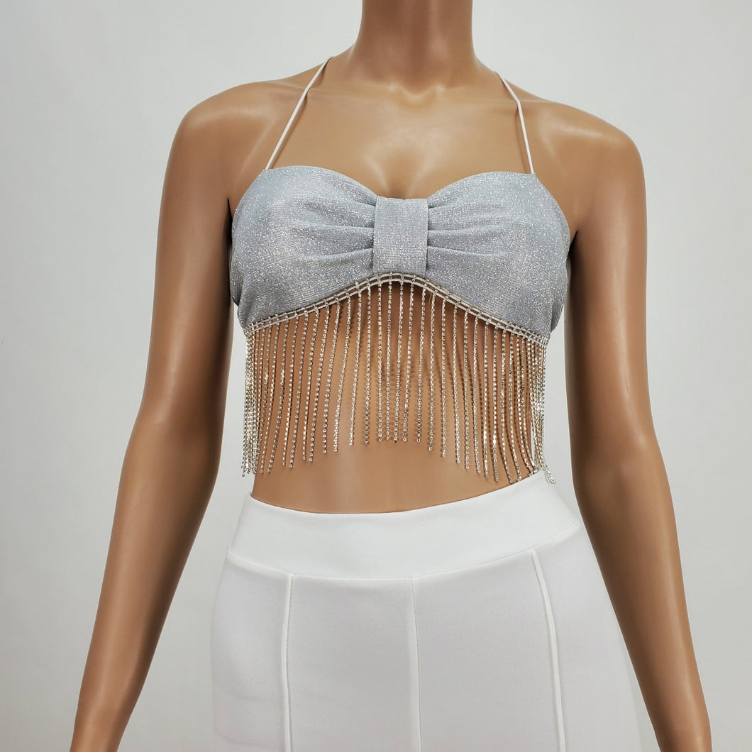Front Knot Halter Backless Tie Top with Rhinestone Fringe