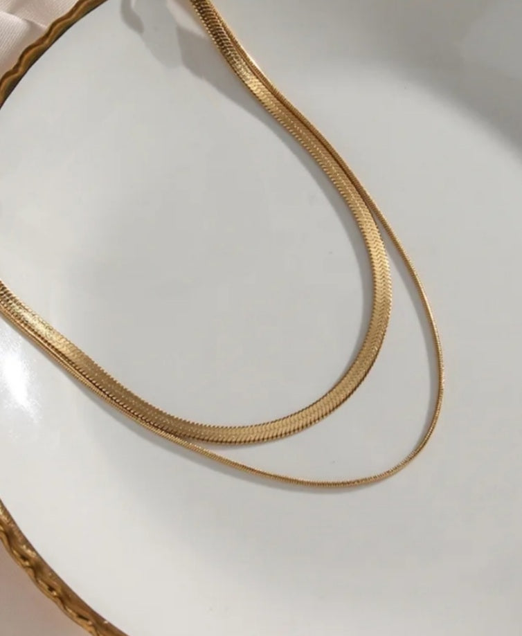 Layered Herringbone and Thin Snake Chain Necklace