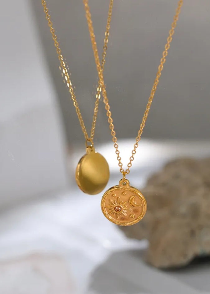 Gold Celestial Moon Sun Round Pendant Necklace with Cubic Zircon