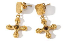 Load image into Gallery viewer, Chunky Natural Stone Cross Earrings  (Tiger Eye, Green Agate)
