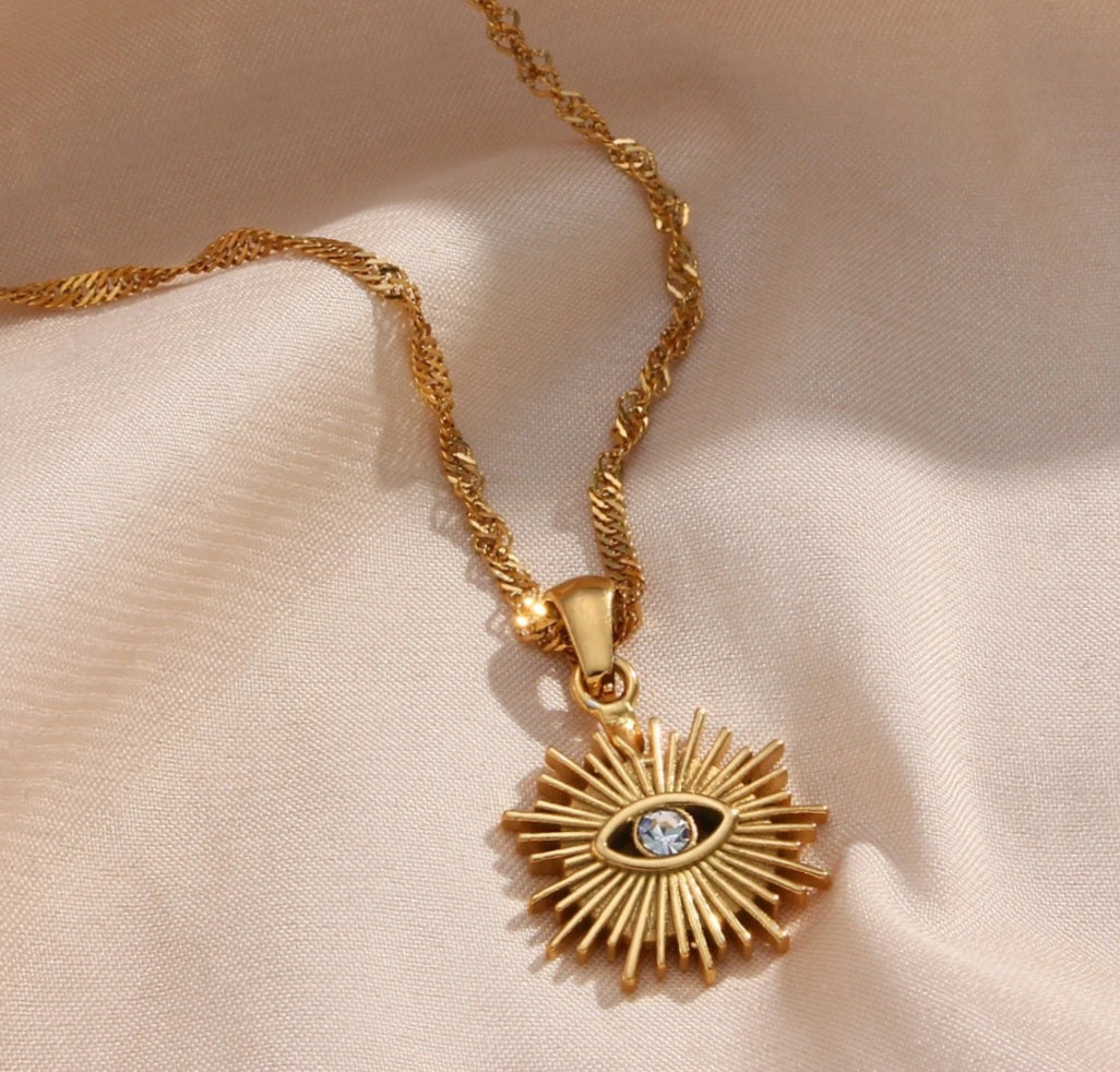 Cubic Zircon Sun Pendant Gold Necklace