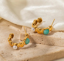 Load image into Gallery viewer, C Shape Stone and Pearl Gold Earrings
