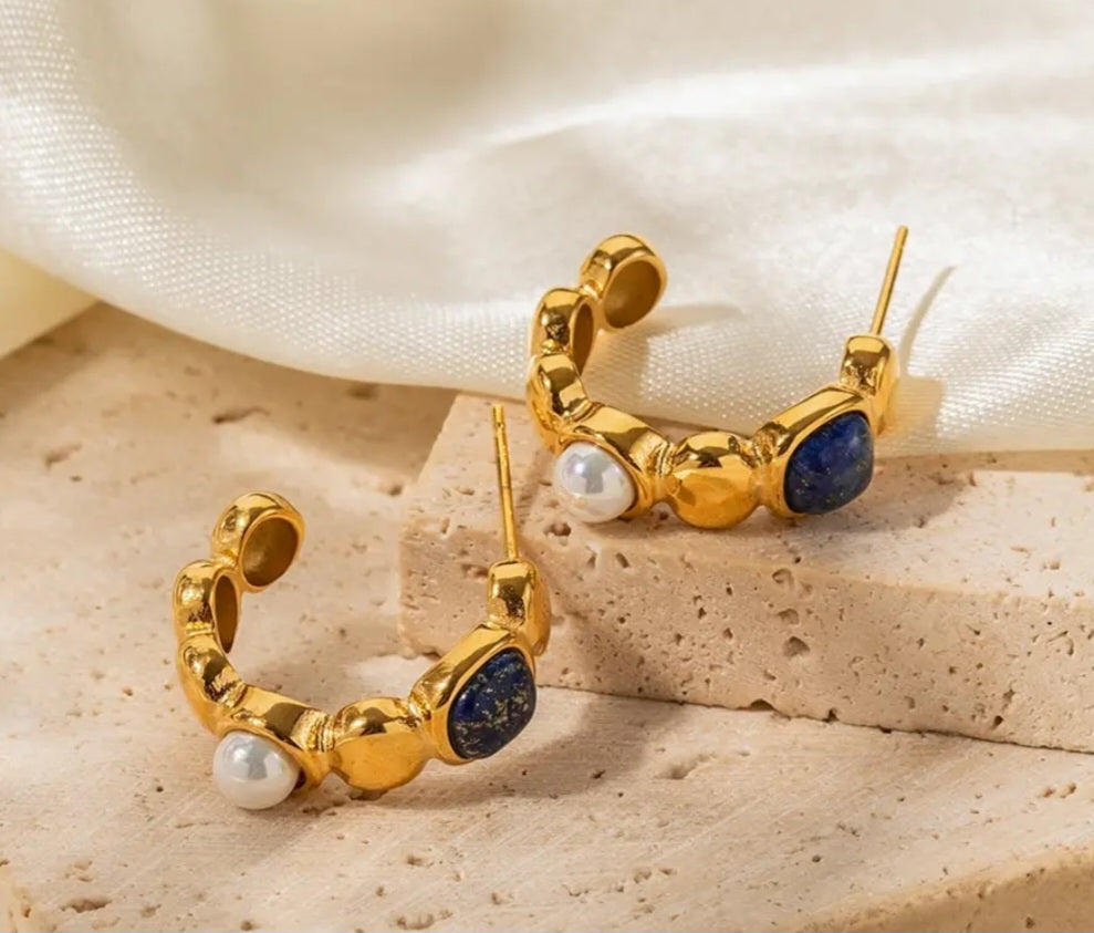 C Shape Stone and Pearl Gold Earrings