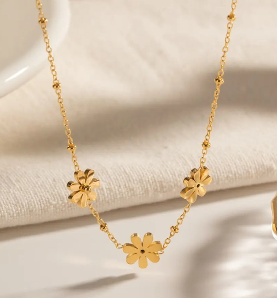 Three Flower Charm Gold Necklace