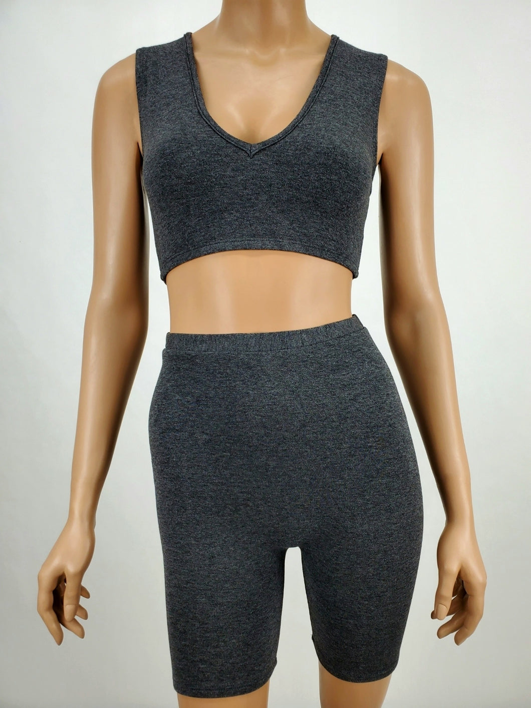 Vee Neck Crop Tank and Biker Shorts Two Piece Set (Charcoal)