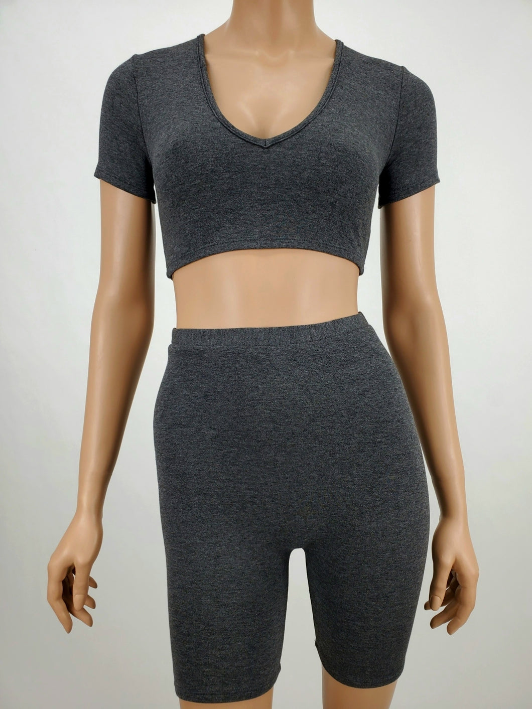 Short Sleeve Crop Top and Biker Shorts Two Piece Set (Charcoal)