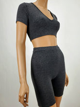 Load image into Gallery viewer, Short Sleeve Crop Top and Biker Shorts Two Piece Set (Charcoal)

