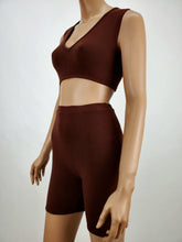Load image into Gallery viewer, Vee Neck Crop Tank and Biker Short Two Piece Set (Chocolate)
