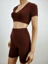 Load image into Gallery viewer, Short Sleeve Crop Top and Biker Shorts Two Piece Set (Chocolate)
