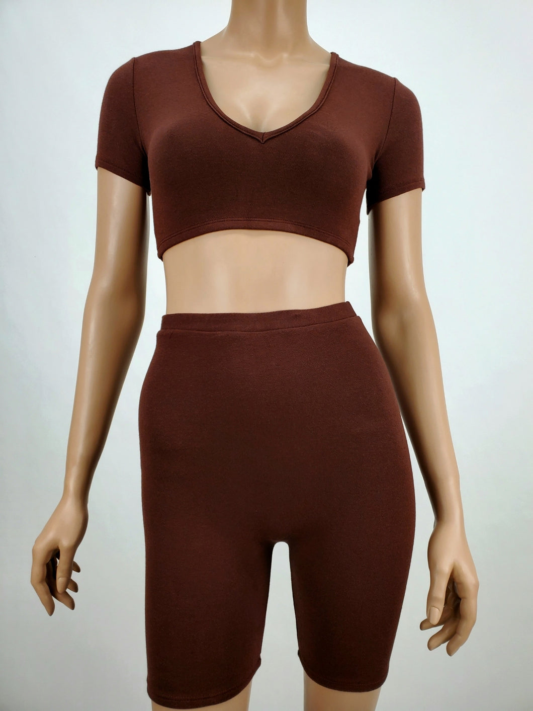 Short Sleeve Crop Top and Biker Shorts Two Piece Set (Chocolate)