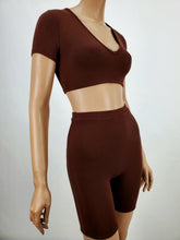 Load image into Gallery viewer, Short Sleeve Crop Top and Biker Shorts Two Piece Set (Chocolate)
