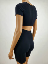 Load image into Gallery viewer, Short Sleeve Crop Top and Biker Short Two Piece Set (Black)
