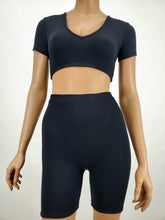 Load image into Gallery viewer, Short Sleeve Crop Top and Biker Short Two Piece Set (Black)
