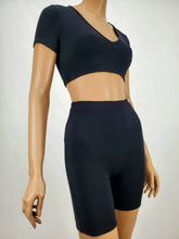 Load image into Gallery viewer, Short Sleeve Crop Top and Biker Short Two Piece Set (Black)
