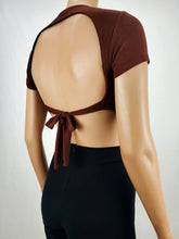 Load image into Gallery viewer, Backless Tie Back Short Sleeve Crop Top Chocolate

