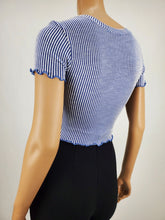 Load image into Gallery viewer, Blue White Crop Top with Merrow Sleeve and Hem
