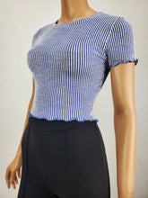 Load image into Gallery viewer, Blue White Crop Top with Merrow Sleeve and Hem
