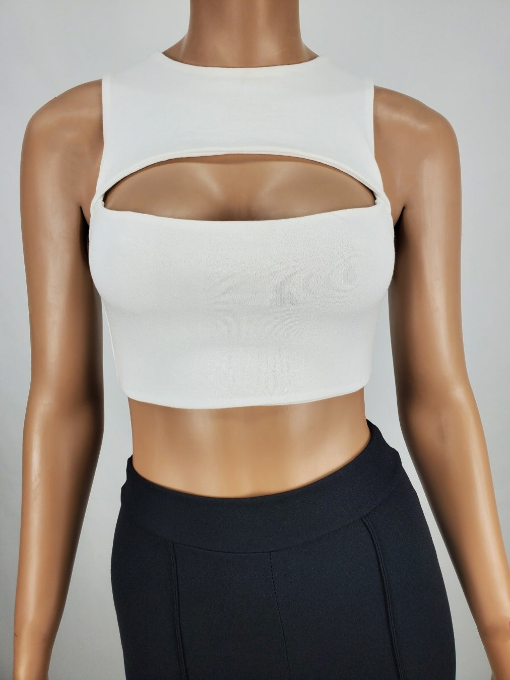 Open Front Sleeveless Crop Top (White)