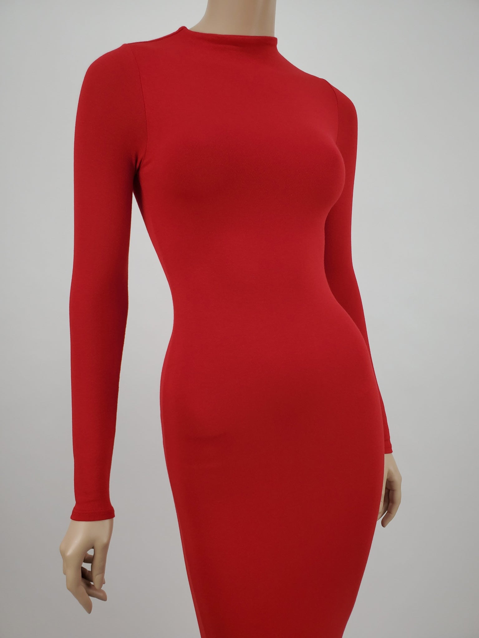 Long Sleeve Mock Neck Fitted Midi Dress (Red) JUSHVI Long Sleeve Mock Neck Fitted Midi Dress (Red) JUSHVI