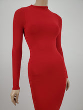 Load image into Gallery viewer, Long Sleeve Mock Neck Fitted Midi Dress (Red)
