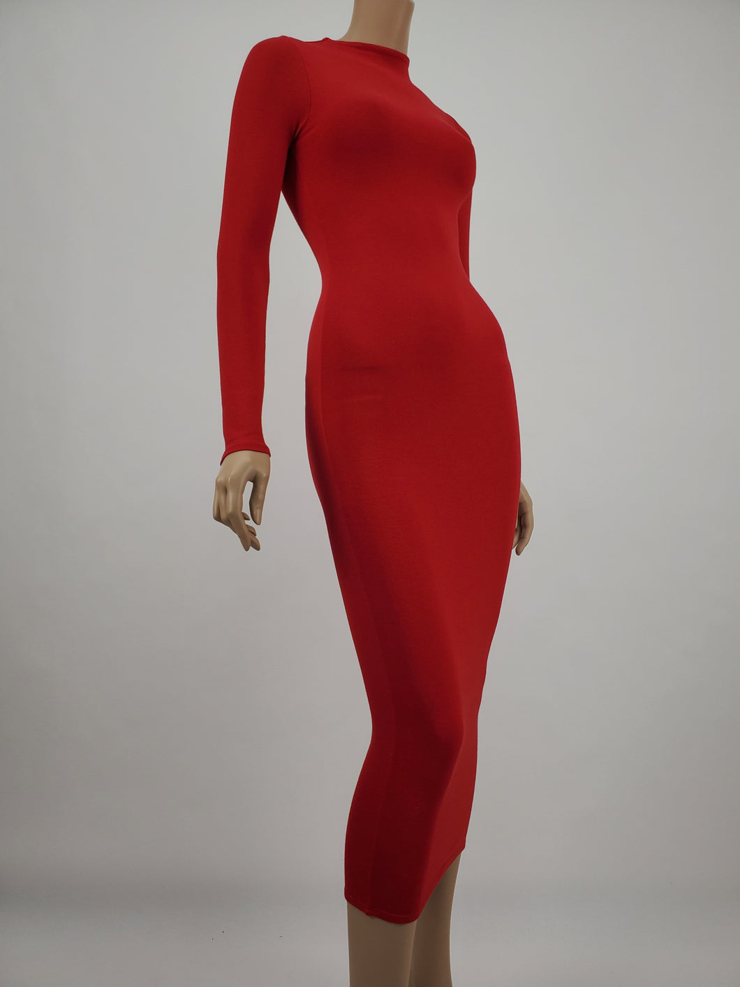 Long Sleeve Mock Neck Fitted Midi Dress (Red)
