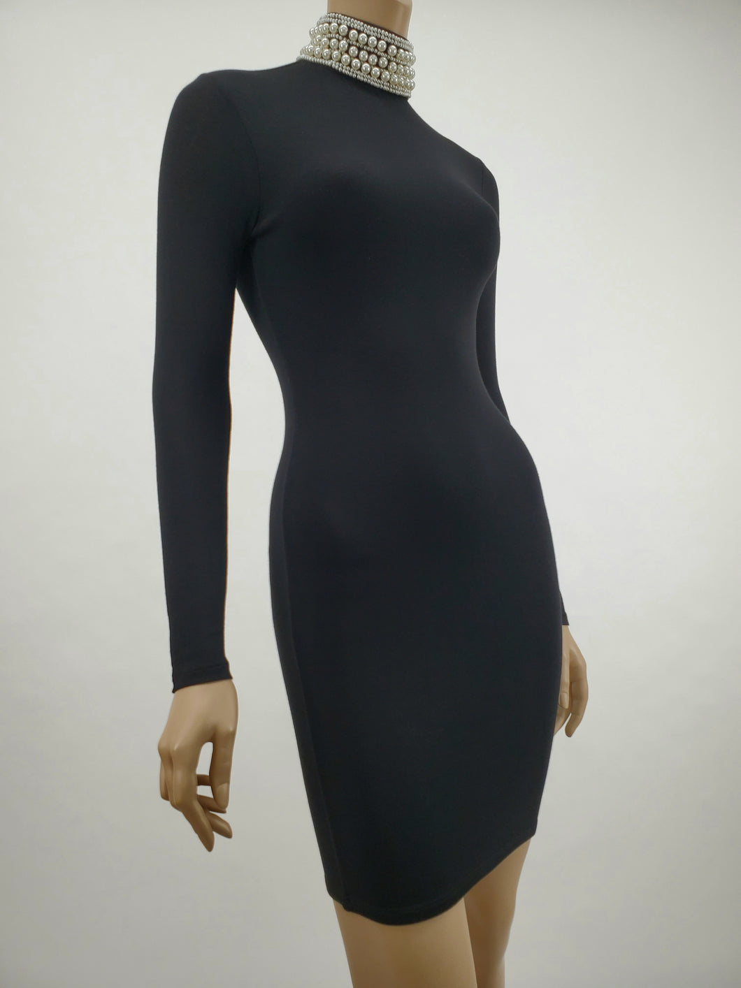 Long Sleeve Dress with Pearl Neckline (Black)