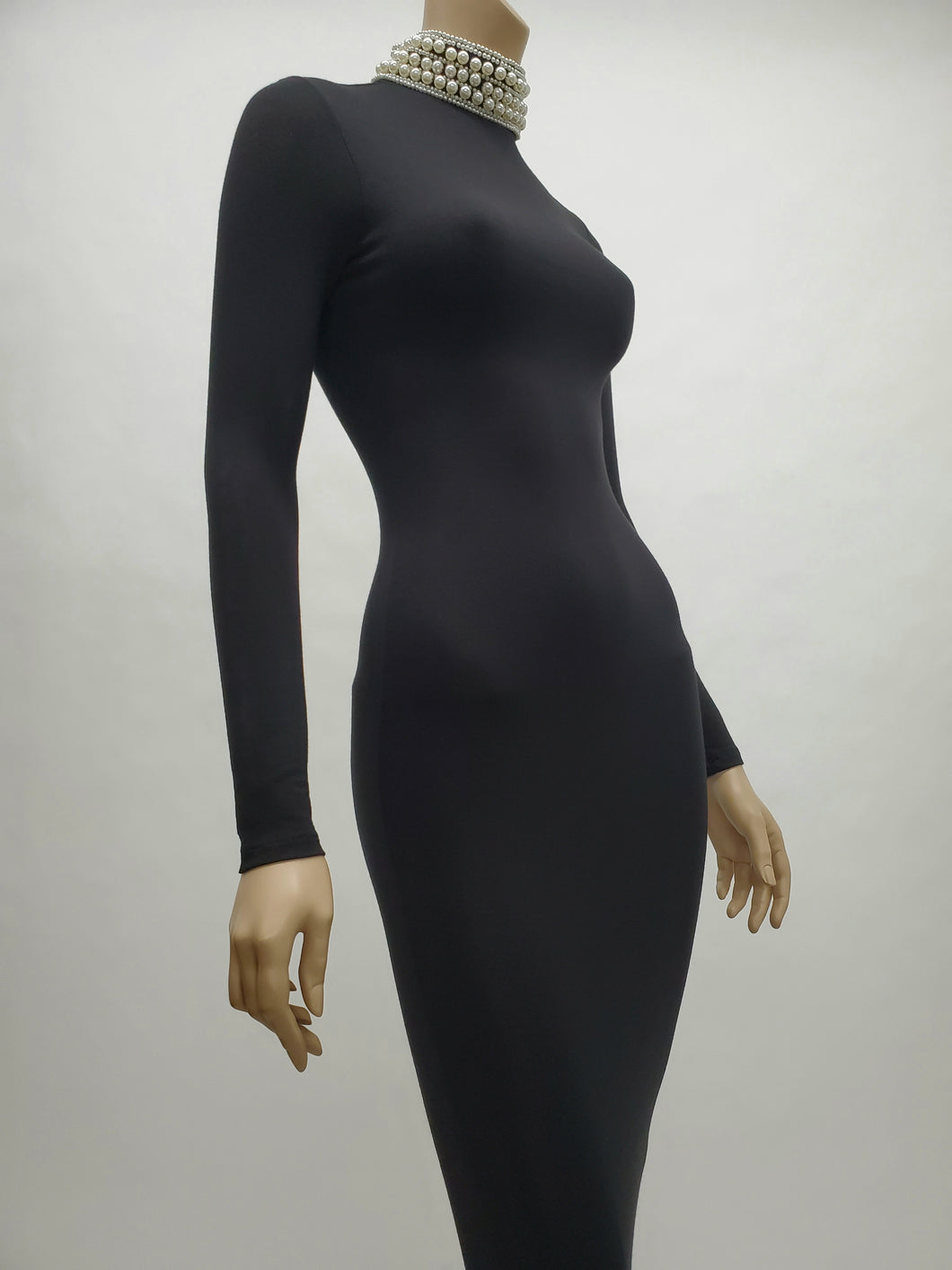 Long Sleeve Midi Dress with Pearl Neckline (Black)