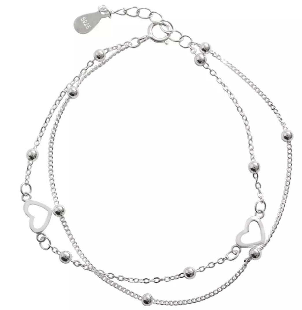 Double Layer Round Beads and Heart Silver Bracelet (Silver)