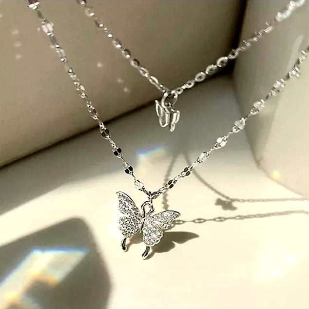 Double Layer Butterfly Pendant Silver  Necklace (Silver)