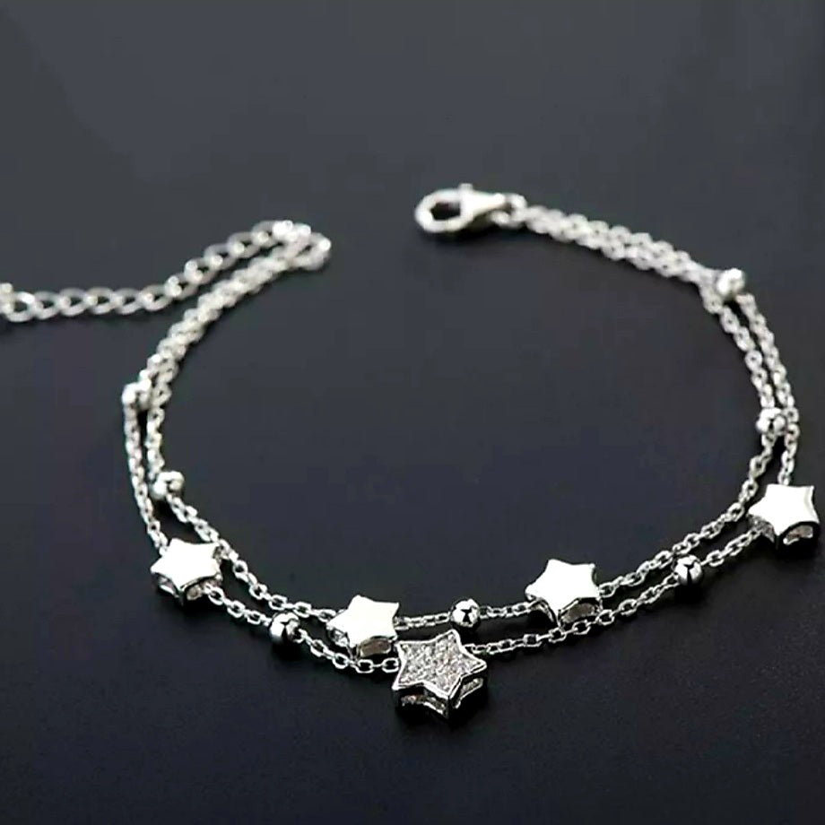 Layered Bracelets with Stars and Beads (Silver)