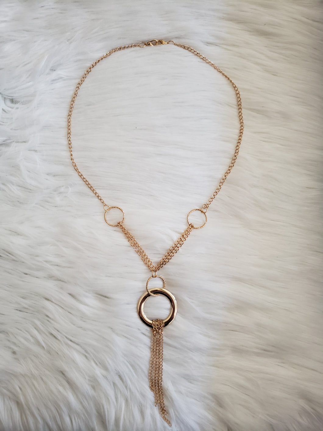 Gold Color 3 Ring Necklace with Bottom Metal Fringe