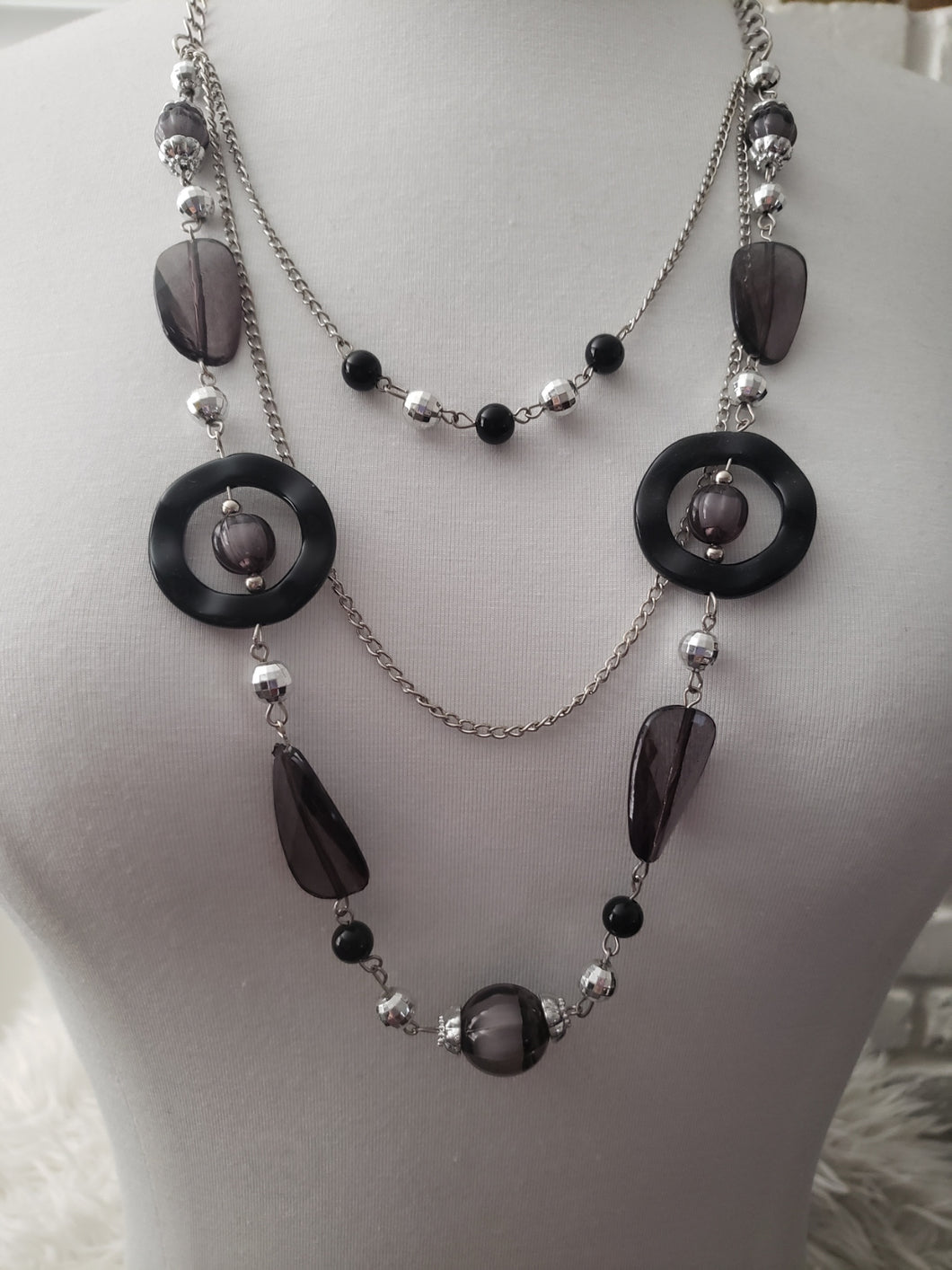 3 Layer Multiple Shape Black Necklace with Small Black and Silver Color Beads