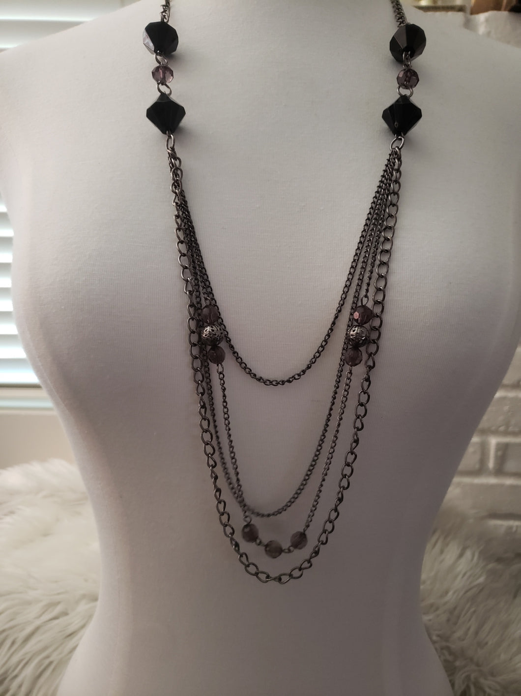 4 Layer Black Metal Chain Necklace with Diamond Shape and Small Round Beads