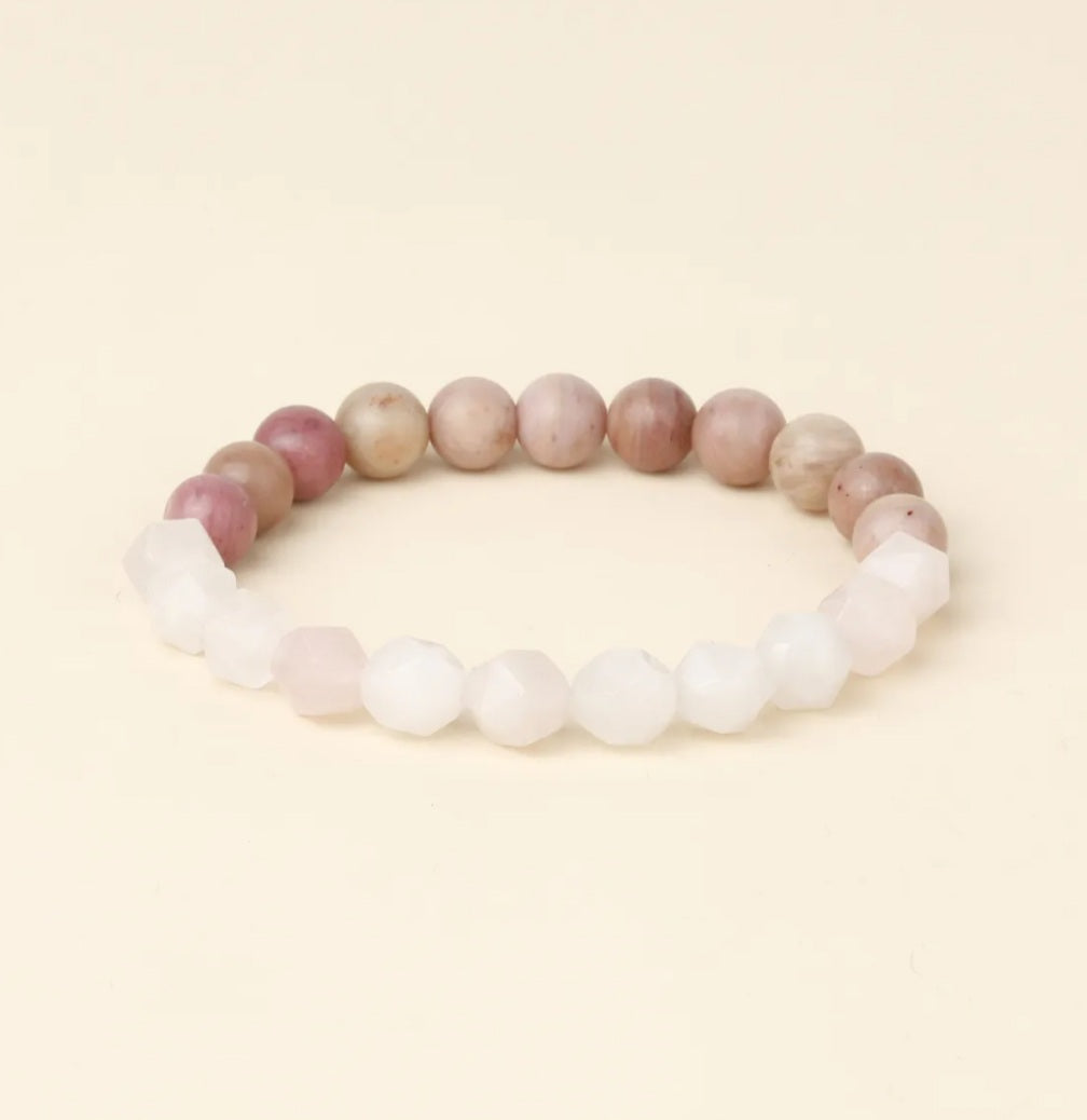 Natural Stone Handmade Bead Bracelet Crystal 8mm (Rhodolite/Pink Crystal)