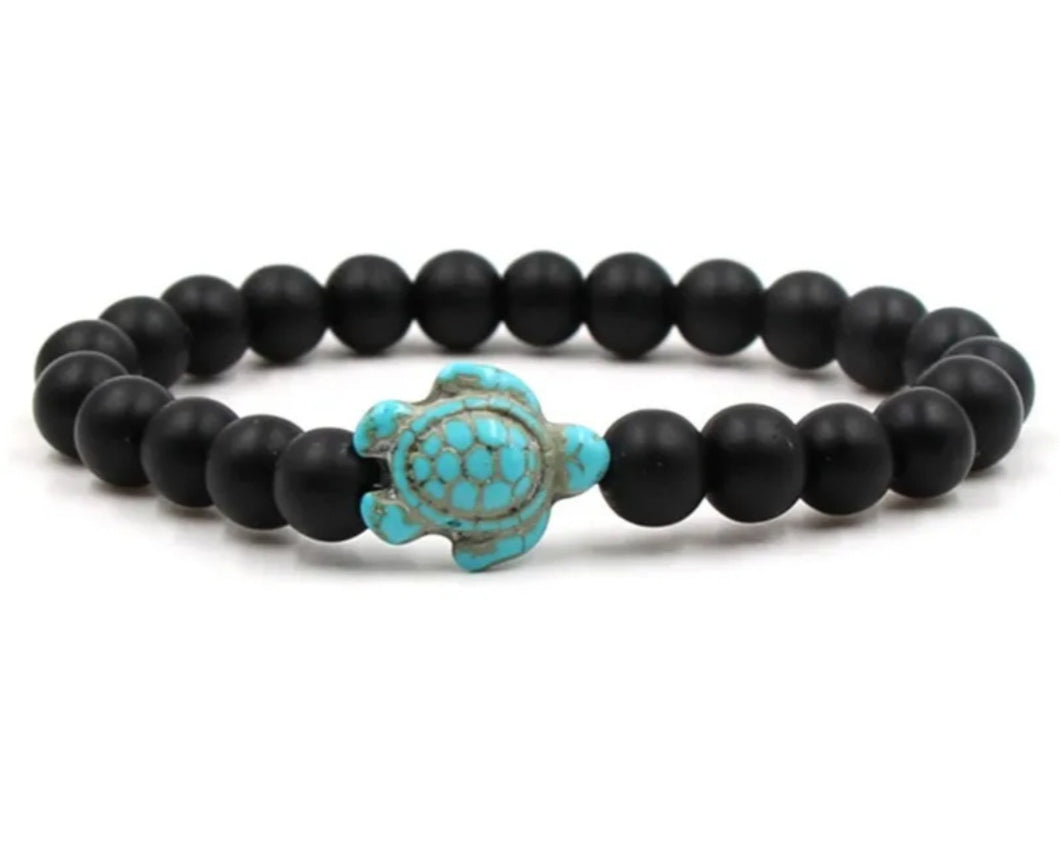 Natural Stone Handmade Bead Bracelet Turtle 8mm (Black Frosted Stone)