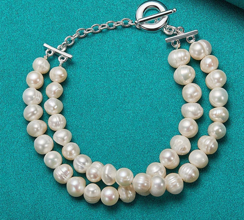 Freshwater Pearl with Double 925 Chain Bracelet