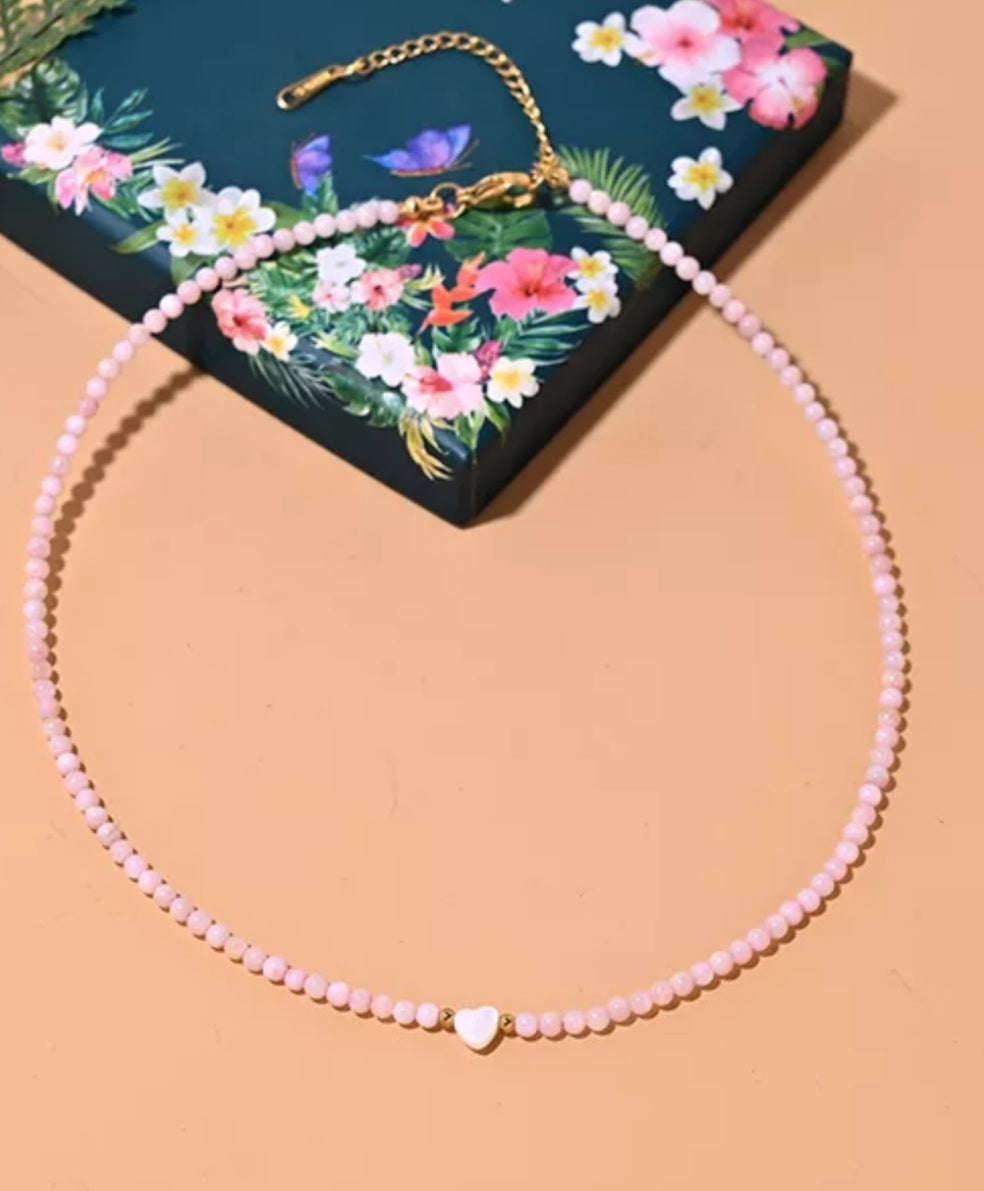Mother of Pearl Beads Necklace with Heart Pendant (Pink/White)