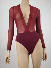 Load image into Gallery viewer, Deep V-Neck Mesh Bodysuit with Contrast (Wine)
