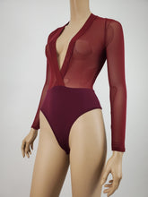 Load image into Gallery viewer, Deep V-Neck Mesh Bodysuit with Contrast (Wine)
