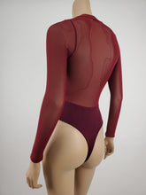 Load image into Gallery viewer, Deep V-Neck Mesh Bodysuit with Contrast (Wine)
