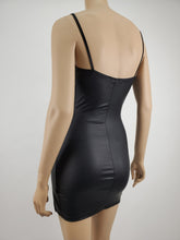 Load image into Gallery viewer, Front Crossed with Side Pleats and Slit Faux Leather Mini Dress (Black)
