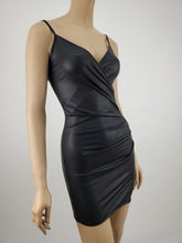 Load image into Gallery viewer, Front Crossed with Side Pleats and Slit Faux Leather Mini Dress (Black)
